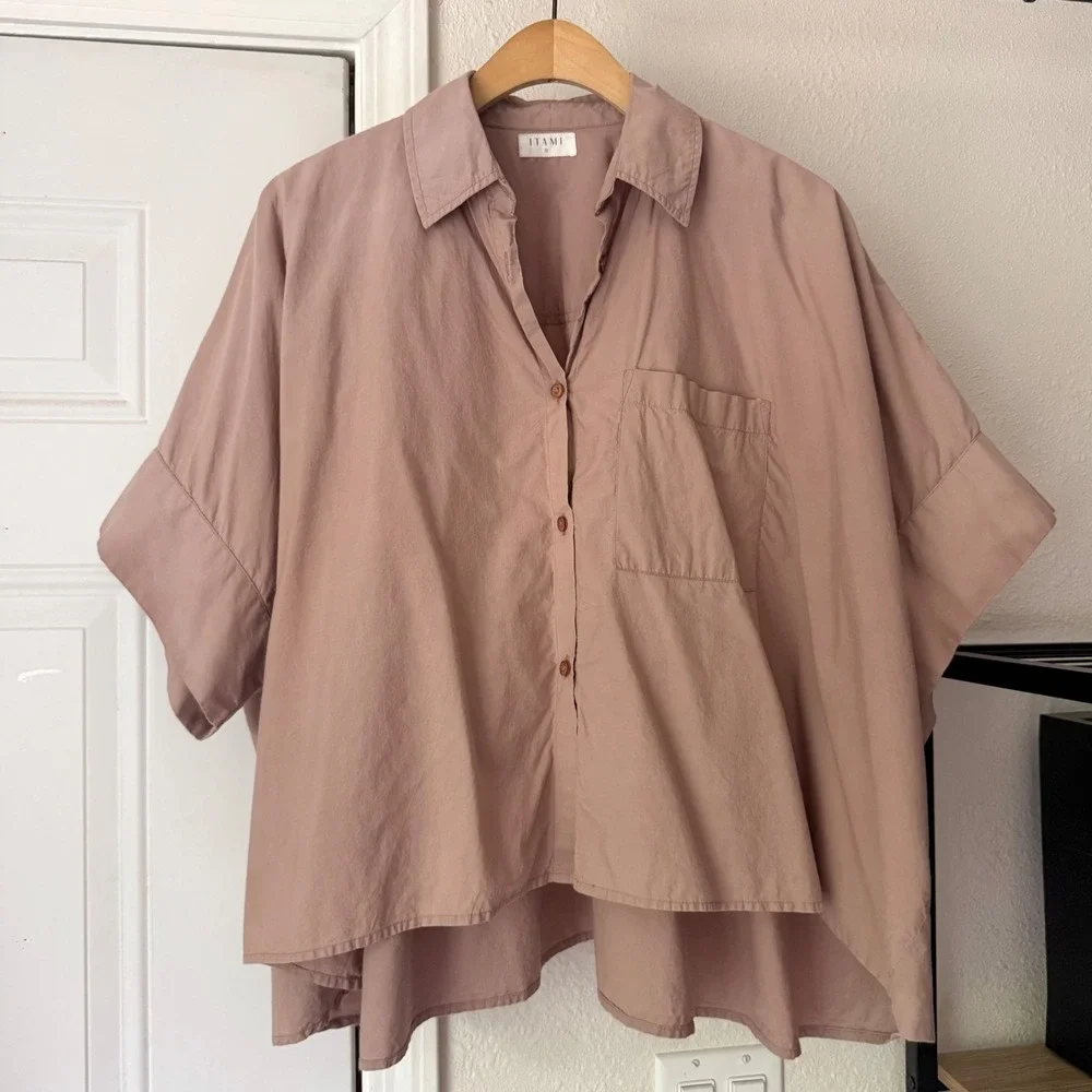 ITAMI dusty rose blush pink boxy oversized short sleeve cropped shirt top‎